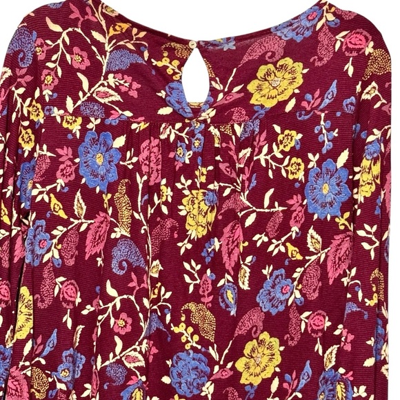 Lucky Brand Embroidered Floral Burgundy Long Sleeve Bohemian Lightweight Blouse - Picture 6 of 10